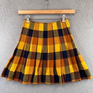 Vintage College Town of Boston Plaid Pleated Skirt Yellow Navy Brown Size 7/8